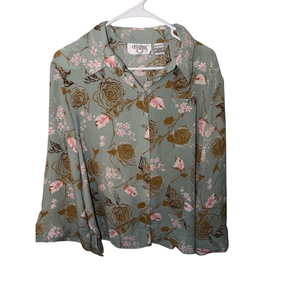 Vintage Cervelle Floral Button Down Blouse Sage Green Brown Rose Large AL1165